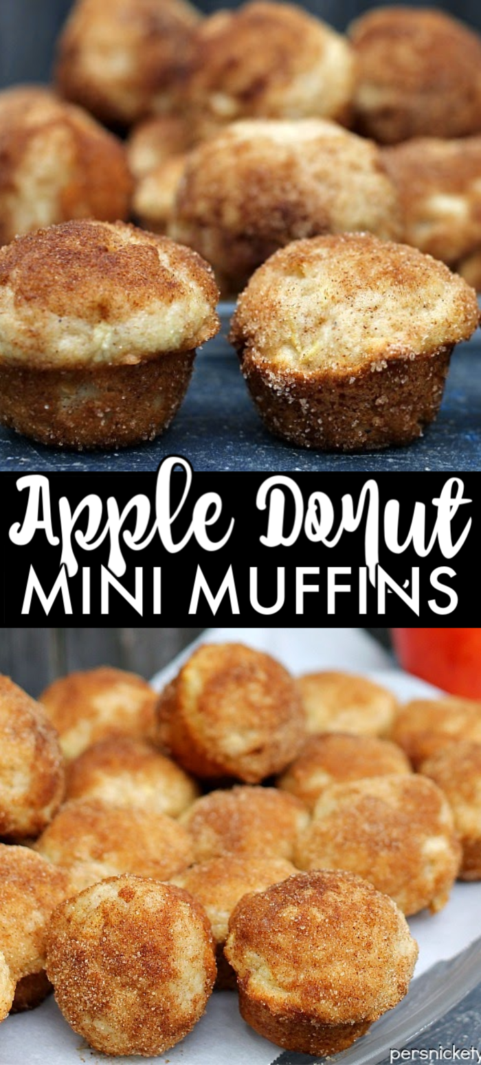 Apple Donut Mini Muffins - Bite sized mini muffins that taste just like cider mill cinnamon sugar donuts! | www.persnicketyplates.com