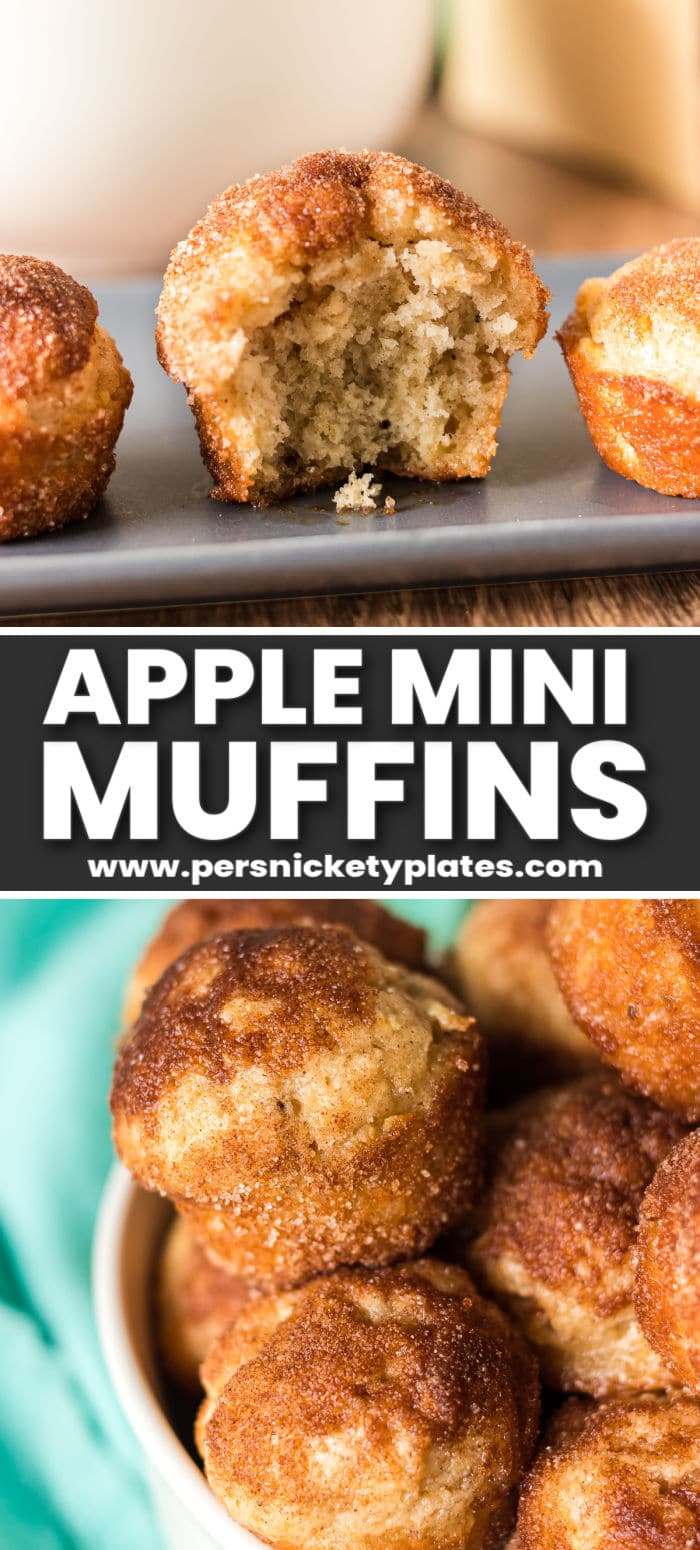 Apple Donut Mini Muffins - Bite sized mini muffins that taste just like cider mill cinnamon sugar donuts filled with bits of apple! | www.persnicketyplates.com