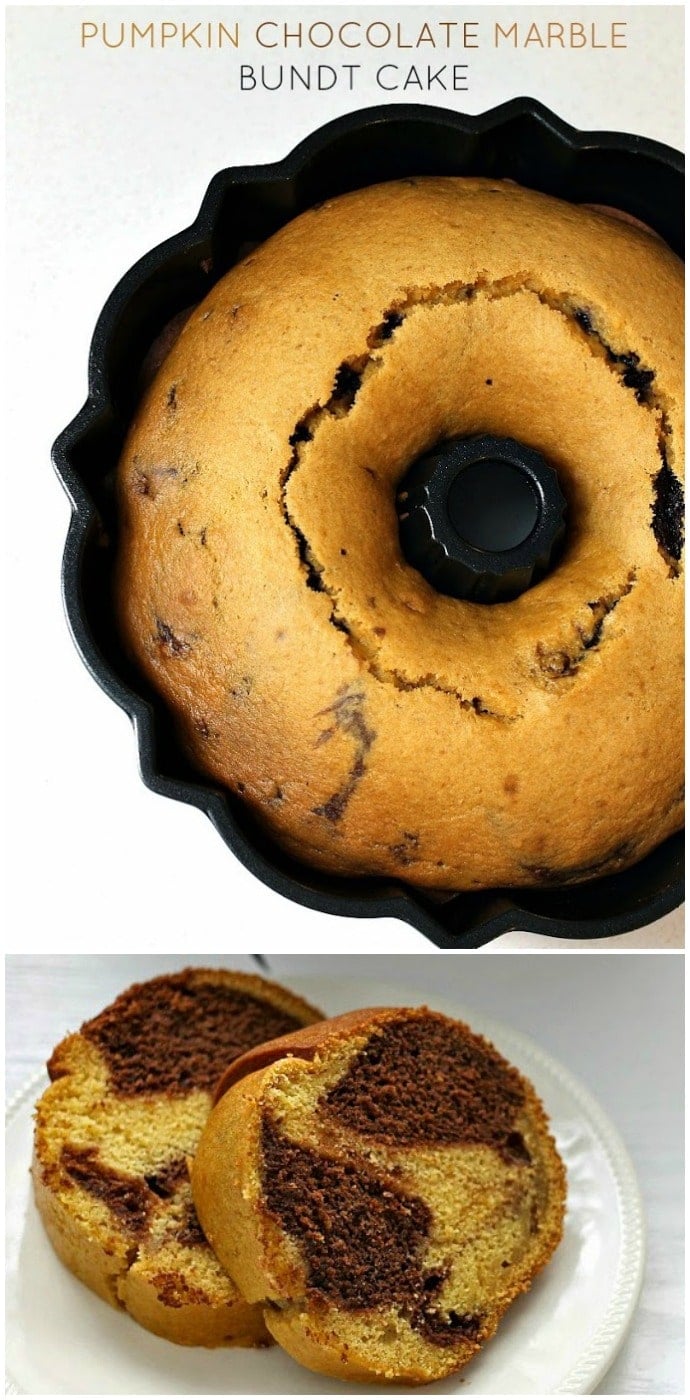 Pumpkin Chocolate Marble Bundt Cake is the perfect blend of pumpkin and chocolate swirled into a bundt cake. | www.persnicketyplates.com