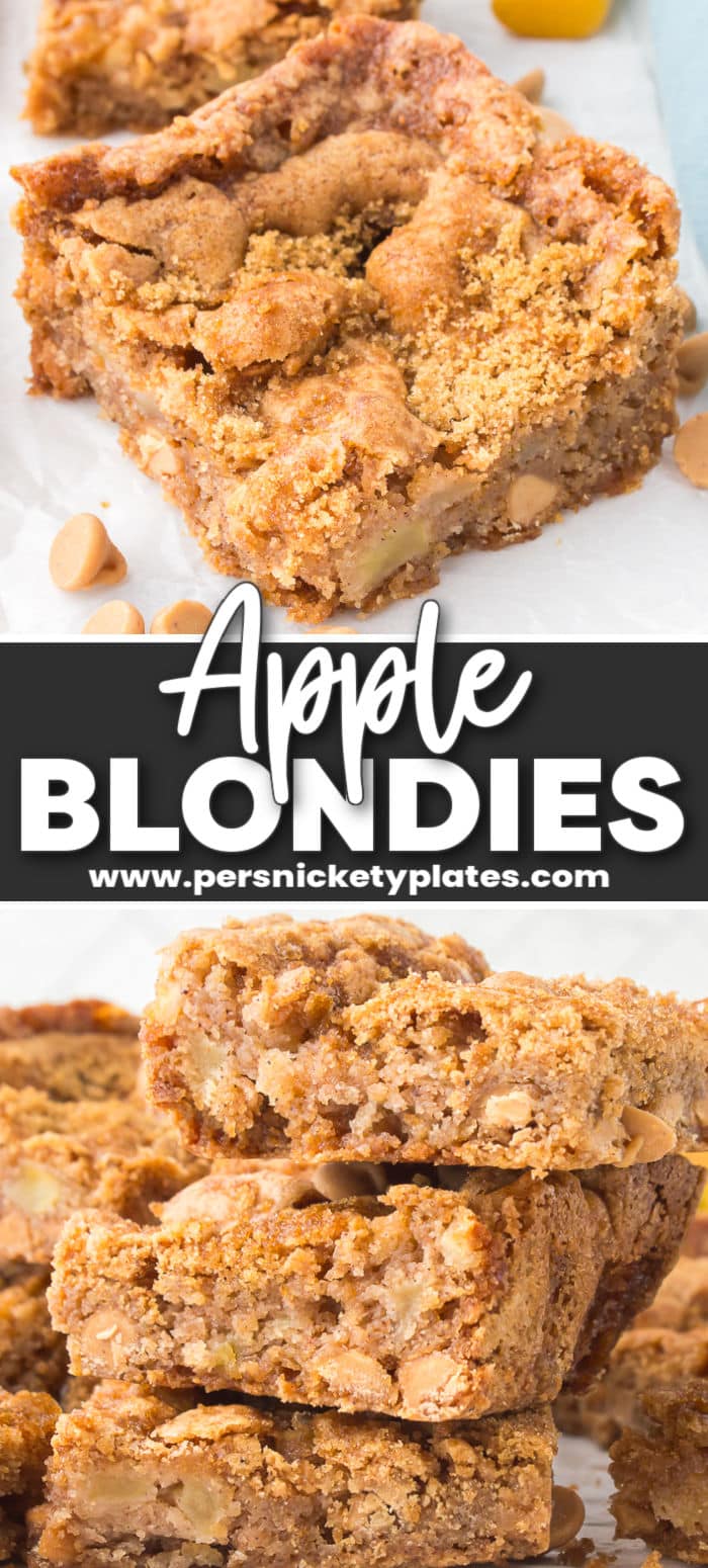 Easy apple blondies with peanut butter chips are a chewy, decadent dessert bar made with fresh apples, cinnamon, nutmeg, brown sugar, and little flecks of peanut butter chips! The entire batch is baked and ready to serve in under 1 hour making these the perfect treat to serve for any occasion! | www.persnicketyplates.com