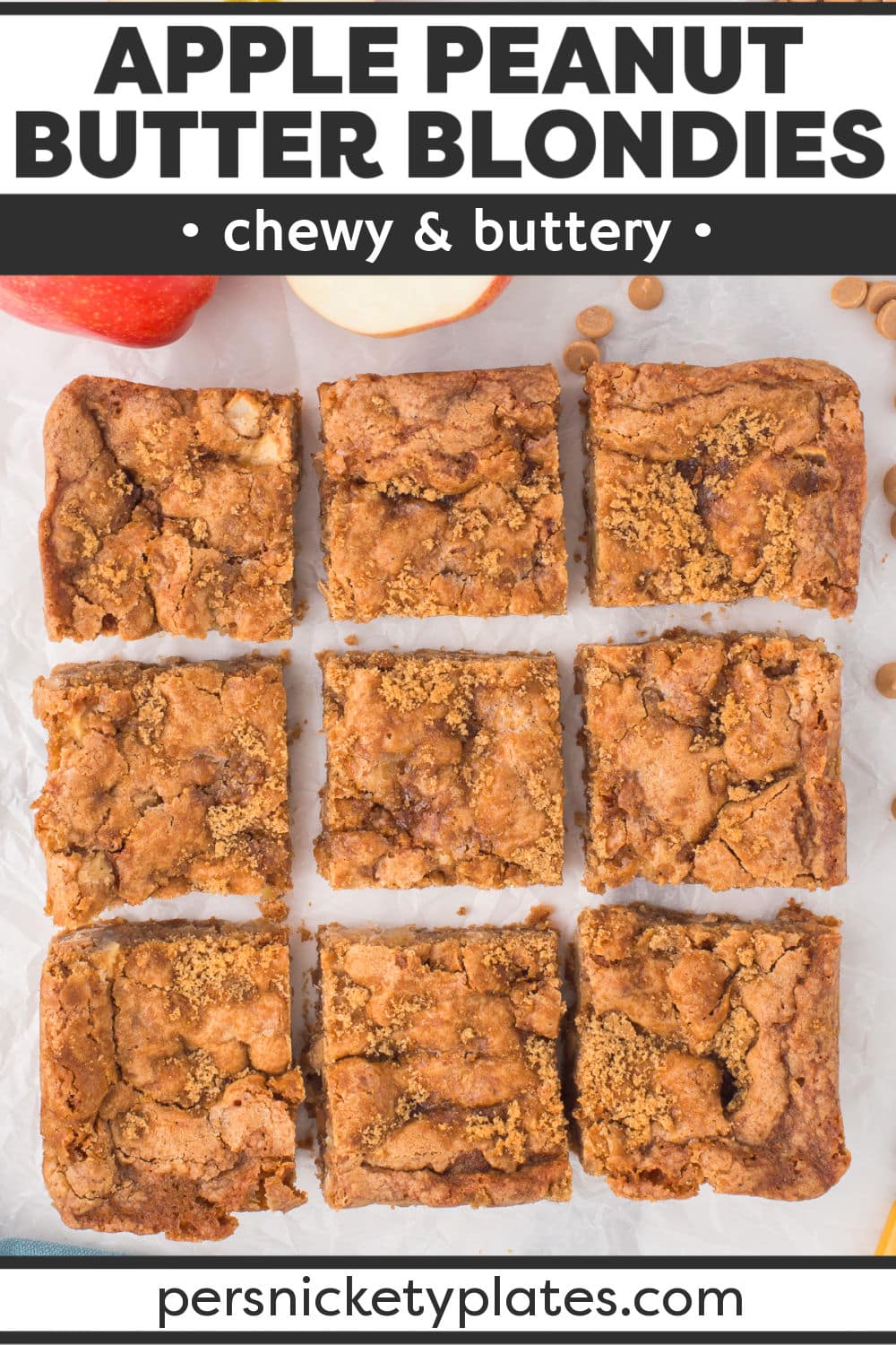 Easy apple blondies with peanut butter chips are a chewy, decadent dessert bar made with fresh apples, cinnamon, nutmeg, brown sugar, and little flecks of peanut butter chips! The entire batch is baked and ready to serve in under 1 hour making these the perfect treat to serve for any occasion! | www.persnicketyplates.com