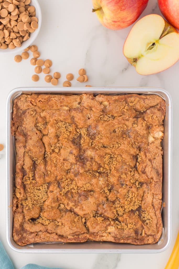 overhead shot of a baking dish of apple blondies.