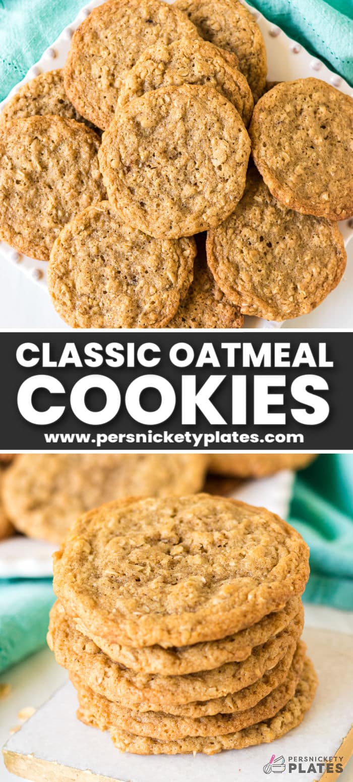 Classic oatmeal cookies with old fashioned oats are simple, no-frills cookies, that are truly the best. If you're like me and prefer to eat your oats in cookie form, then this easy recipe is one you'll love! Basic pantry staples without the need for an electric mixer deliver oats cookies with a chewy texture and buttery, brown sugary flavor with a hint of cinnamon and nutmeg for good measure! | www.persnicketyplates.com