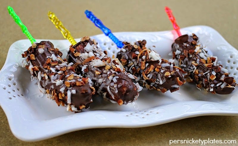 Coconut & Pecan Crusted Chocolate Covered Bananas | Persnickety Plates