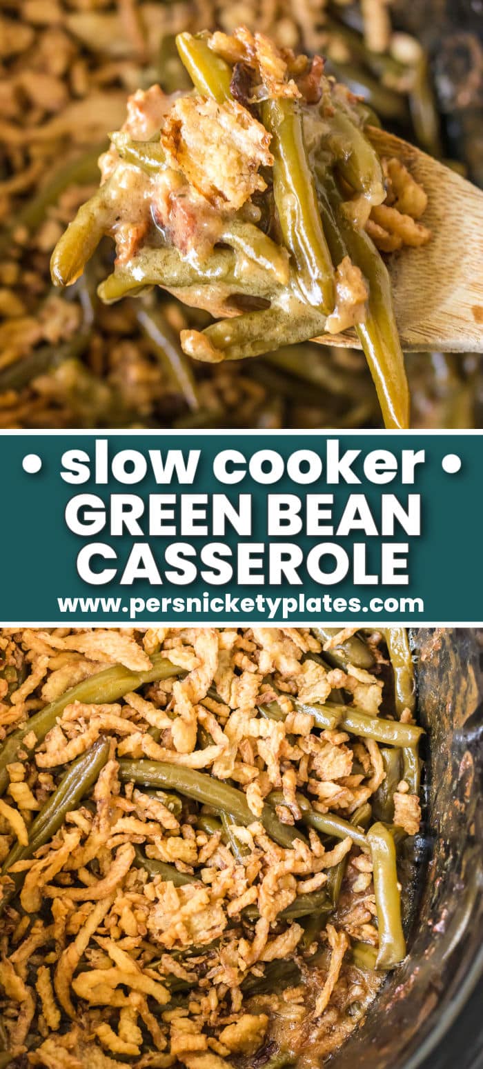 Slow cooker green bean casserole is so easy to make from scratch – without any canned soup! This comfort food classic recipe uses fresh green beans, has a creamy, bacon-filled sauce, is topped with crispy fried onions and is made right in the crockpot. This dish serves a crowd and comes out perfect every time. | www.persnicketyplates.com