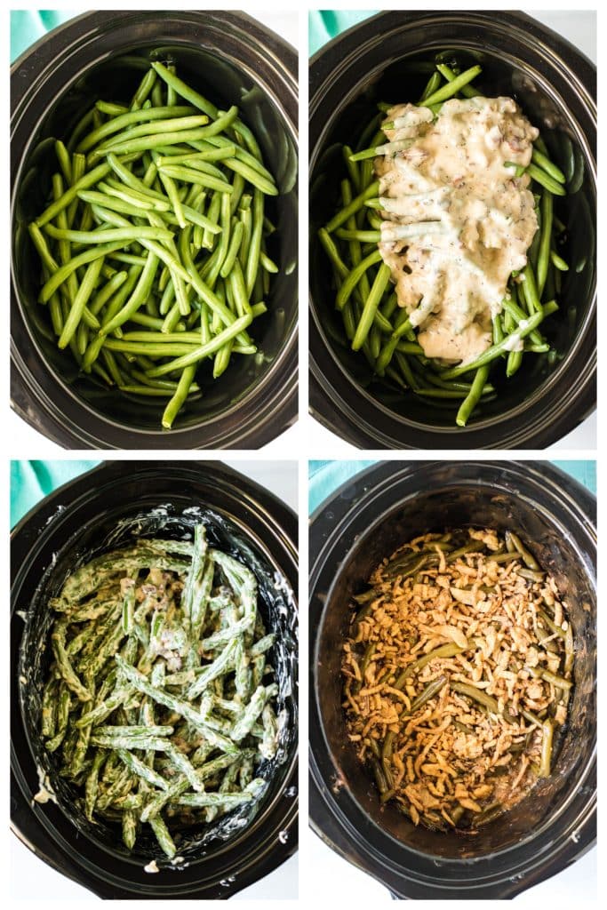 collage of 4 photos showing the process of making green bean casserole with fresh green beans.