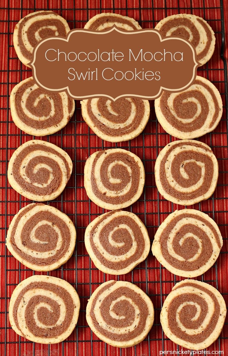 15 chocolate mocha swirl cookies on a cooling rack