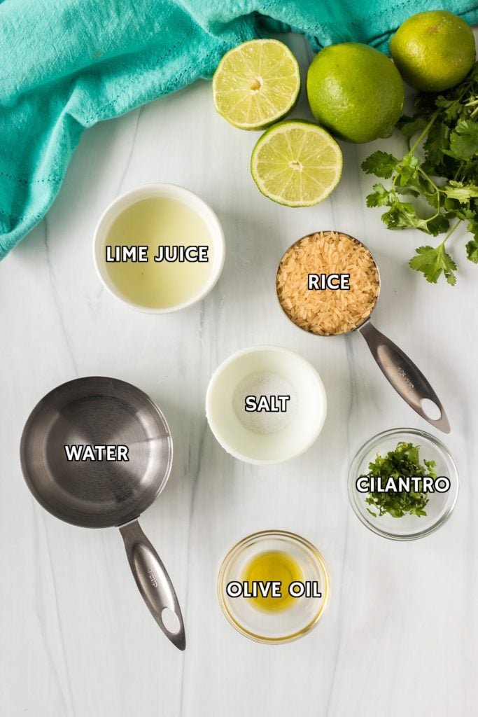 labeled ingredients laid out to make cilantro lime rice.