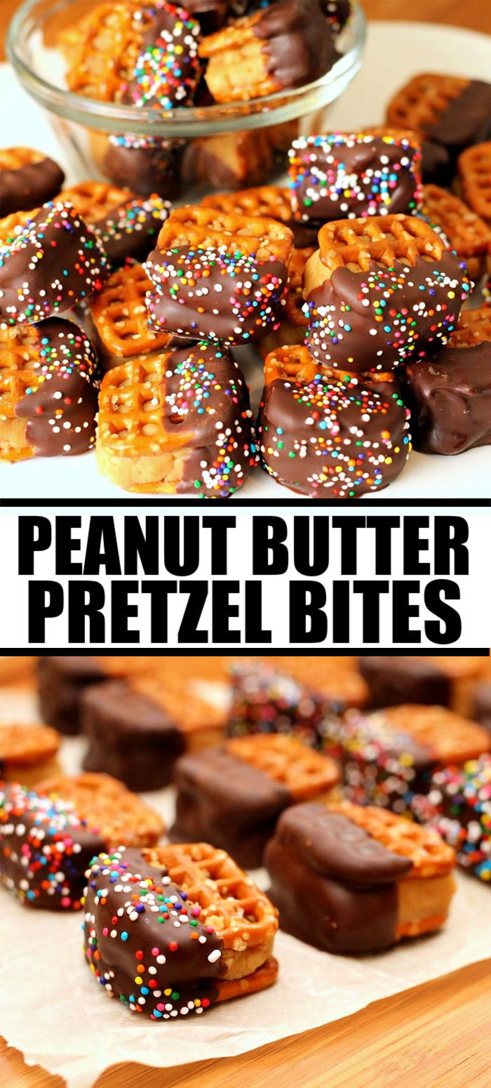Peanut Butter Pretzel Bites combine peanut butter, cream cheese, pretzels, chocolate, and sprinkles. All my favorite things packaged into a perfect little bite! | www.persnicketyplates.com