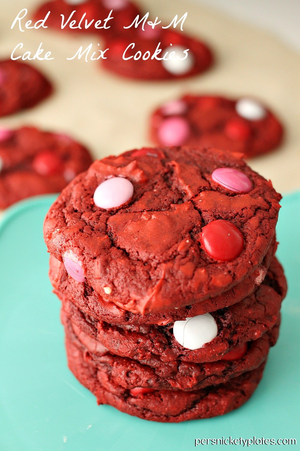 stack of red velvet cake mix cookies