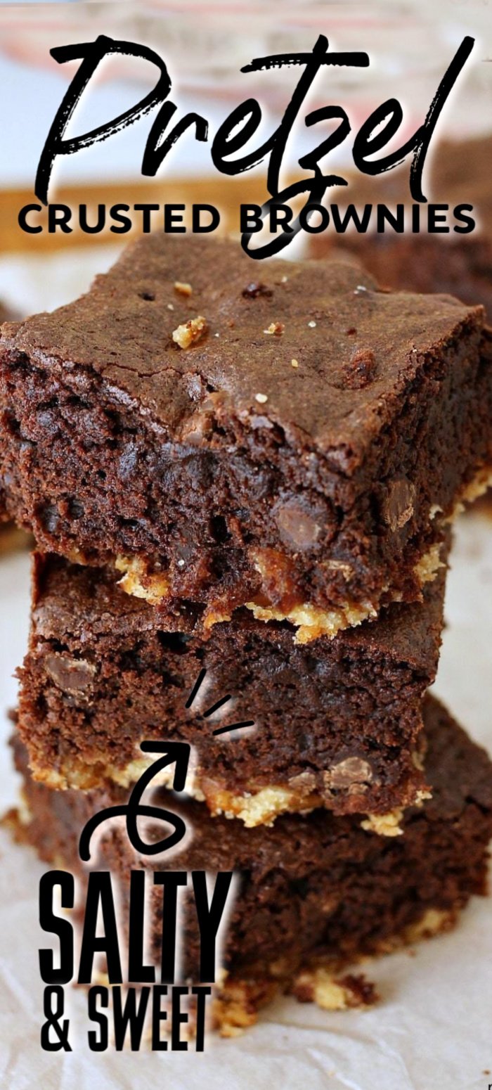 Pretzel Crusted Brownies - a layer of pretzel crust topped with a fudgy chocolate chip brownie. Sweet and salty in every perfect bite! | www.persnicketyplates.com