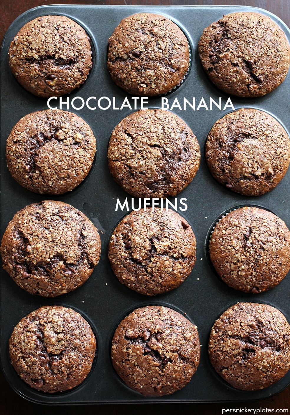 Chocolate Banana Muffins - chocolately banana muffins filled with chocolate chips & sprinkled with sugar. Homemade but you don't even have to get the mixer out! | Persnickety Plates