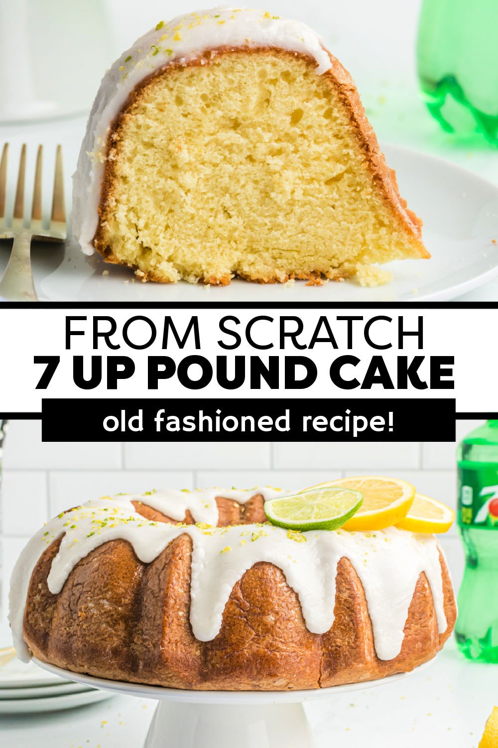 Old fashioned, from scratch 7 Up Cake has a subtle flavor of citrus soda and a sweet, tender crumb. This classic bundt cake, topped with a simple glaze and lime and lemon zest, is easy to make and a sure crowd pleaser. This delicious pound cake is a potluck favorite. | www.persnicketyplates.com