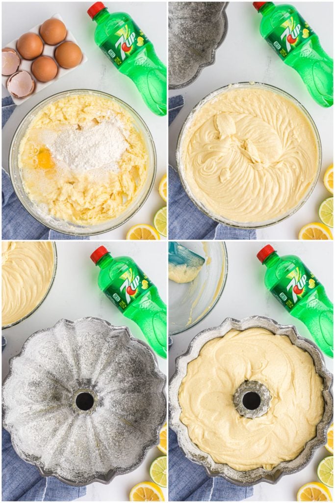 collage of 4 photos showing the process of making a 7up cake in a bundt pan.