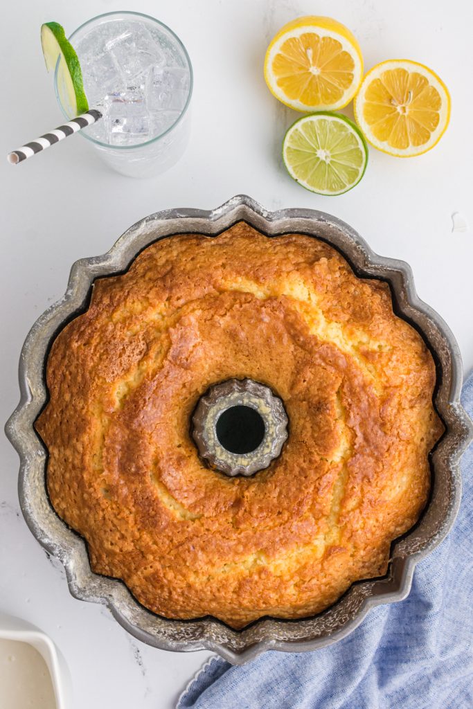 overhead shot of a bundt cake in the pan.