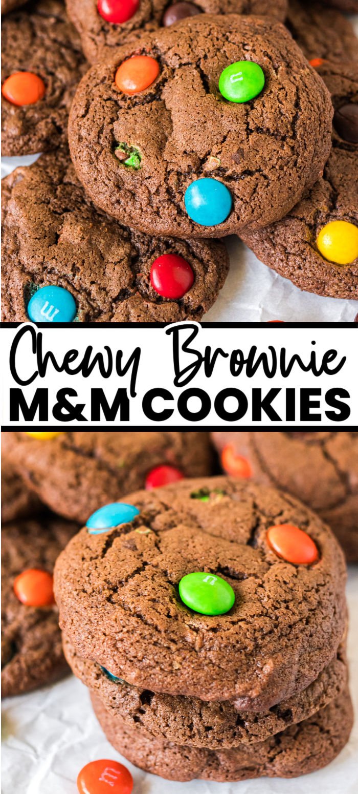 Chewy brownie M&M cookies are filled with chocolate chips and M&Ms. These simple cookies are made from scratch but mix up quickly. You don't even need a mixer! | www.persnicketyplates.com