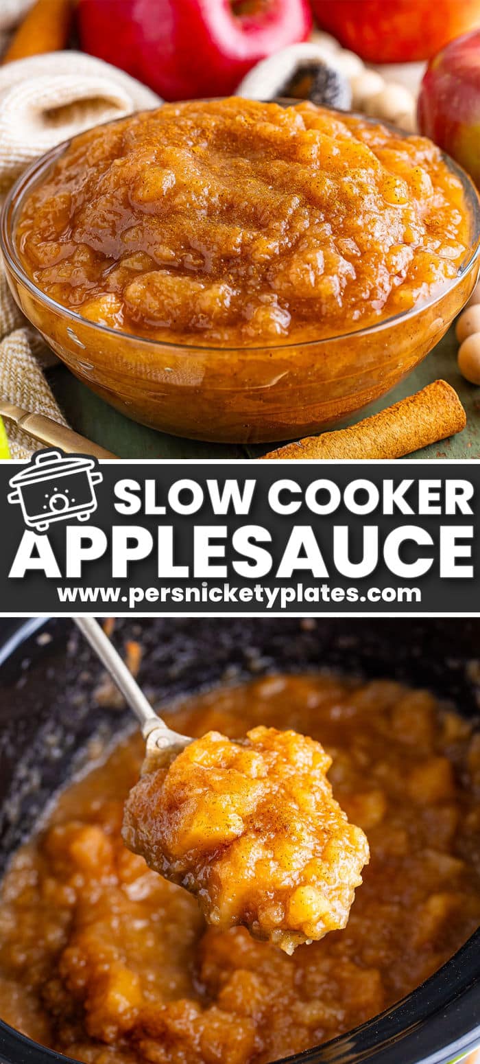 The aroma of cooked apples and cinnamon that fills your house is enough to want to make this Slow Cooker Applesauce made without sugar time and again. It is an easy dump-and-set recipe that is truly hands-off, other than peeling the apples, then the crock pot works its magic to deliver the best applesauce! | www.persnicketyplates.com