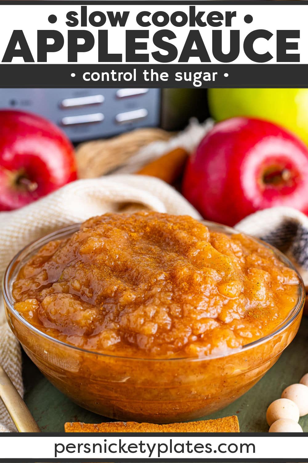 The aroma of cooked apples and cinnamon that fills your house is enough to want to make this Slow Cooker Applesauce made without sugar time and again. It is an easy dump-and-set recipe that is truly hands-off, other than peeling the apples, then the crock pot works its magic to deliver the best applesauce! | www.persnicketyplates.com