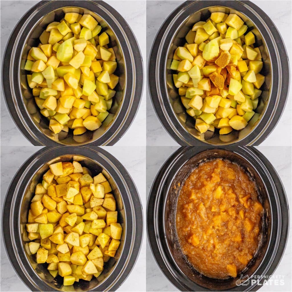 collage of 4 photos showing the process of making applesauce in the crockpot.