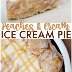 This super simple Peaches and Cream Ice Cream Pie is filled with broiled peaches and creamy vanilla bean ice cream, piled into a graham cracker crust, and drizzled with butterscotch sauce. The perfect dessert for a hot summer day! | www.persnicketyplates.com