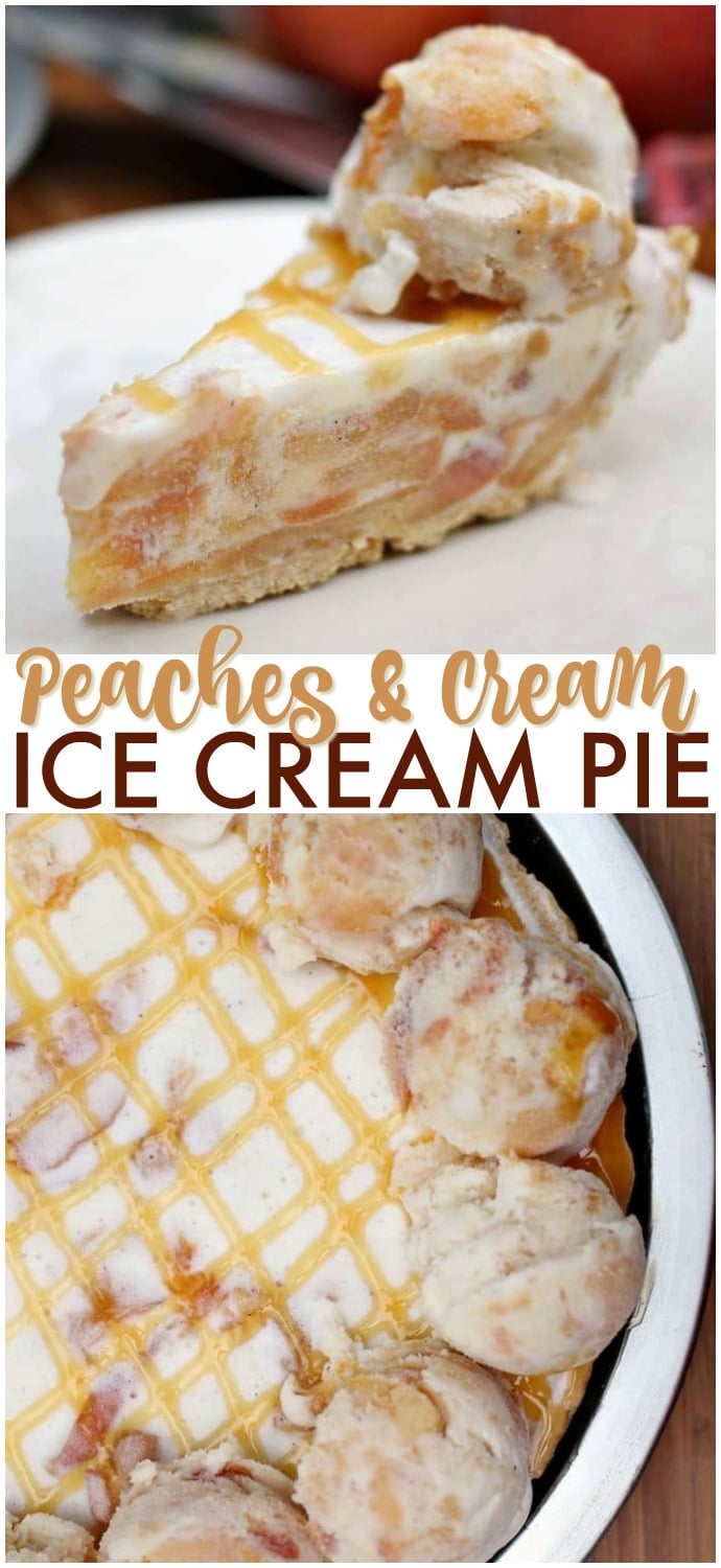 This super simple Peaches and Cream Ice Cream Pie is filled with broiled peaches and creamy vanilla bean ice cream, piled into a graham cracker crust, and drizzled with butterscotch sauce. The perfect dessert for a hot summer day! | Persnickety Plates