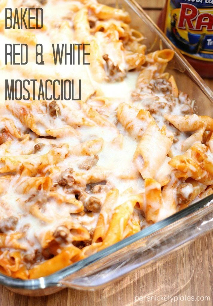 baked mostaccioli covered in melted cheese in baking dish 