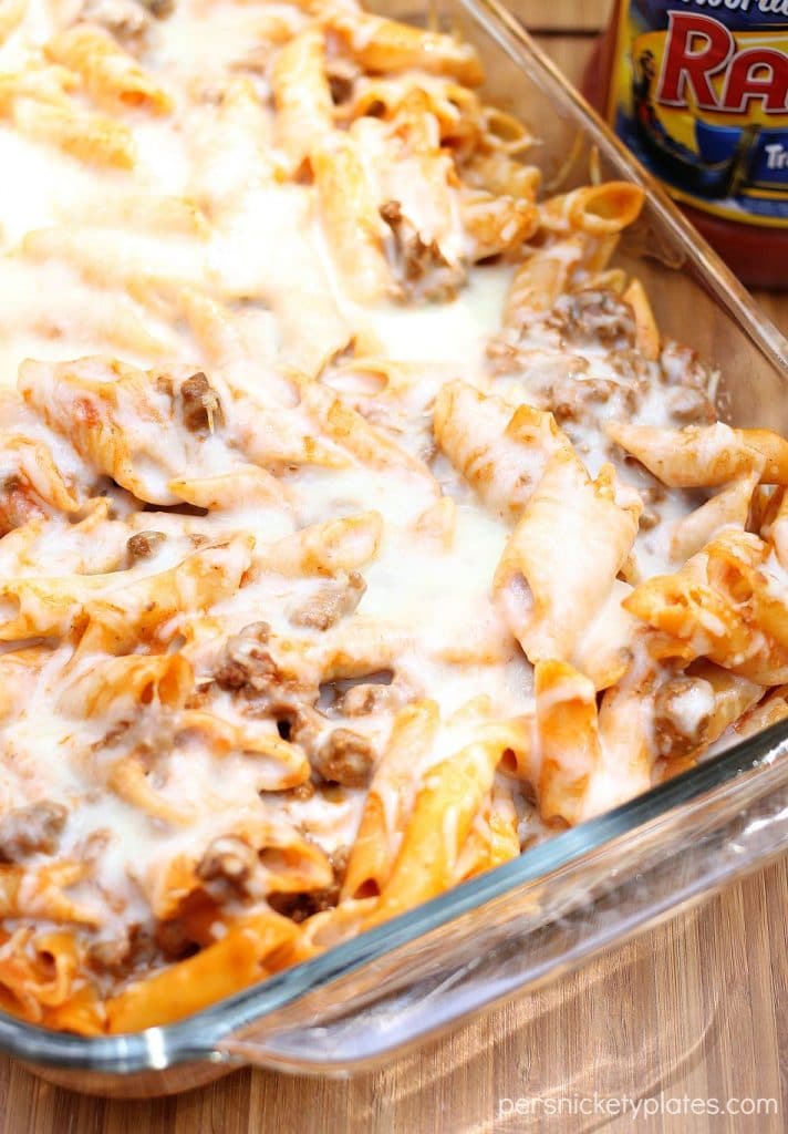 baked mostaccioli covered in melted cheese 