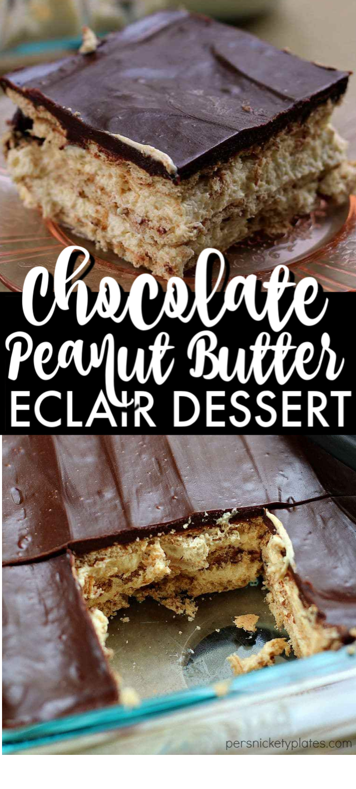 This no bake Chocolate Eclair Dessert has layers of graham crackers, peanut butter pudding, a sprinkling of mini chocolate chips, and a chocolate peanut butter frosting. It's a chocolate + peanut butter lovers dream. | www.persnicketyplates.com #nobakedessert #dessert #chocolate #peanutbutter