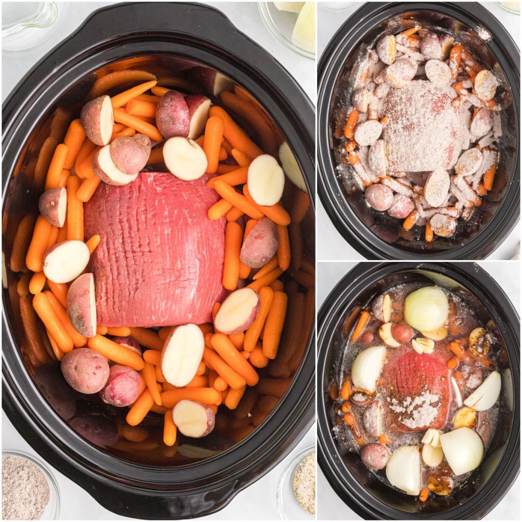 collage of 3 photos showing the process of making italian beef and veggies in the slow cooker.