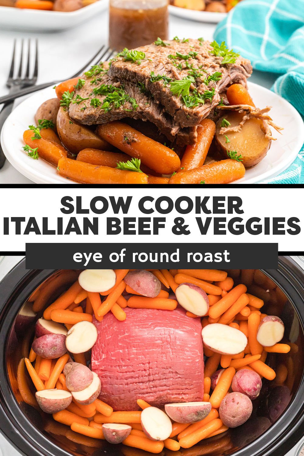 Slow cooker eye of round roast with vegetables is the perfect comfort food. Made easily in the crock pot, this tender roast is ideal for an easy weeknight dinner or Sunday dinner. | www.persnicketyplates.com