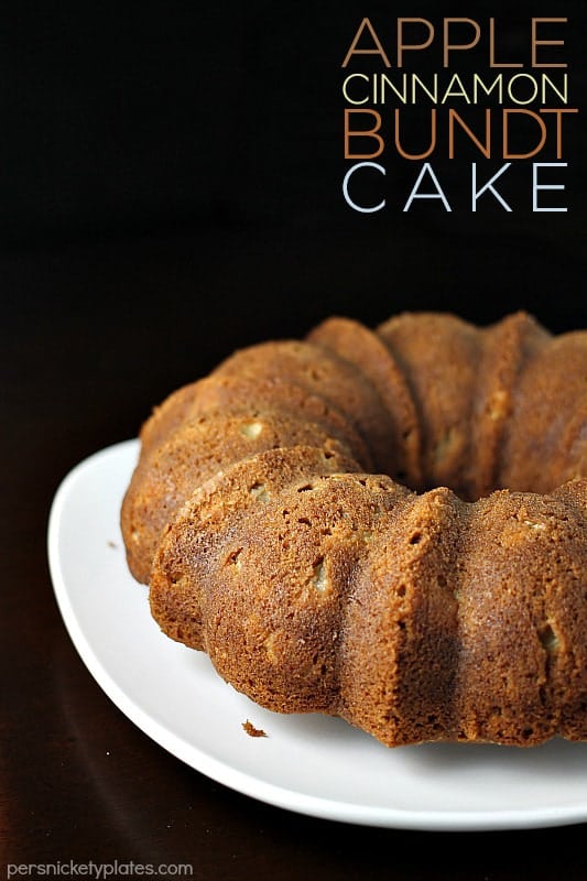 apple bundt cake on a white platter with title text overlay