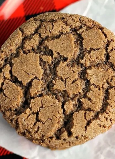 closeup of single chocolate crinkle cookie on buffalo plaid plate
