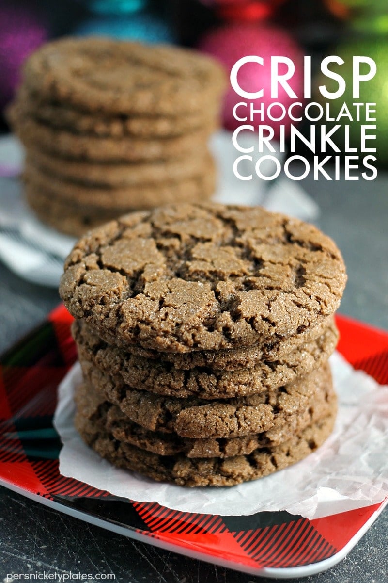 stack of chocolate cookies on buffalo plaid plate