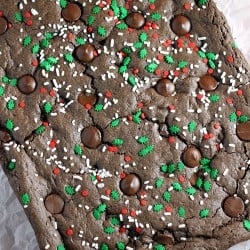 double chocolate cookie bar slab with christmas sprinkles