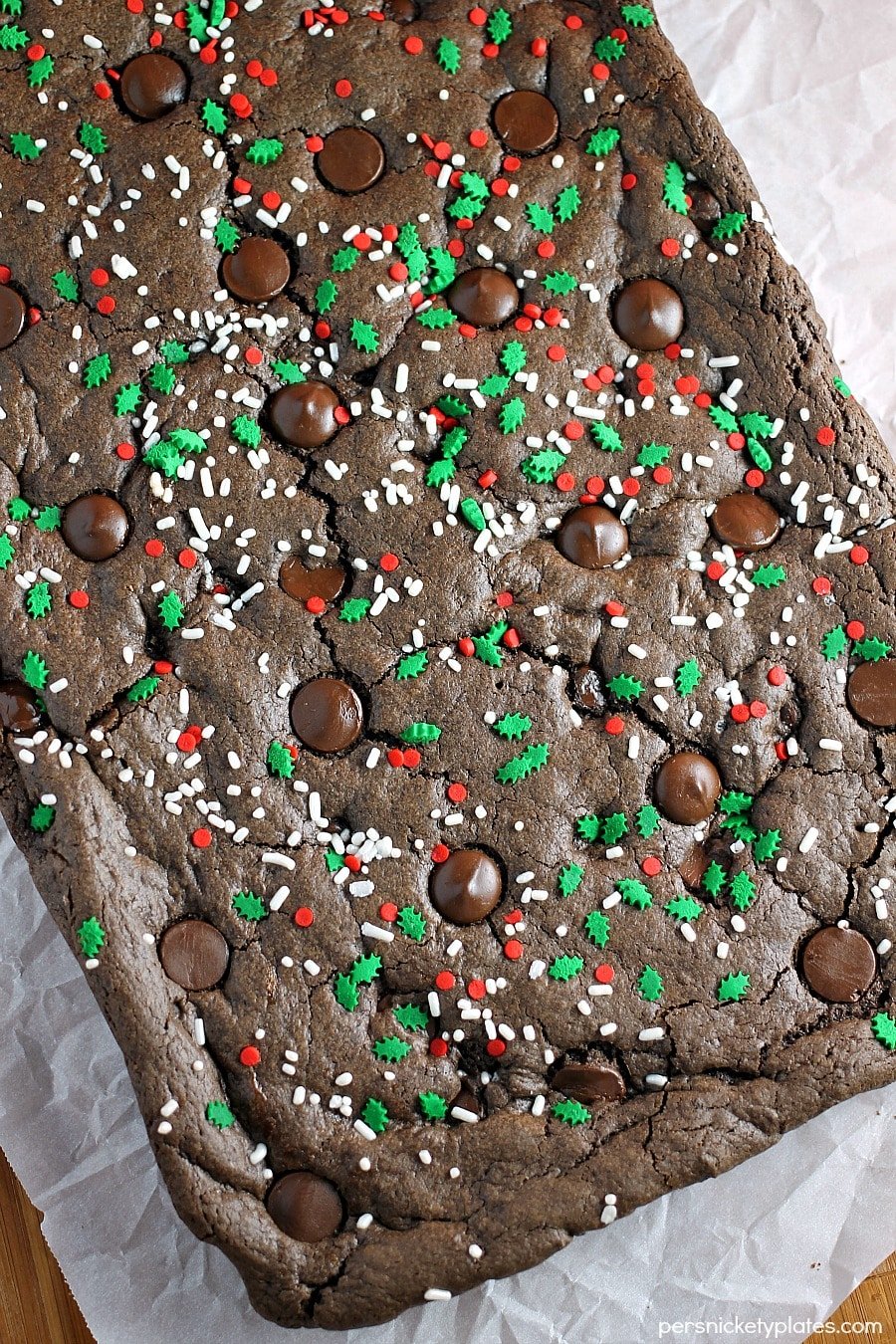 double chocolate cookie bar slab with christmas sprinkles