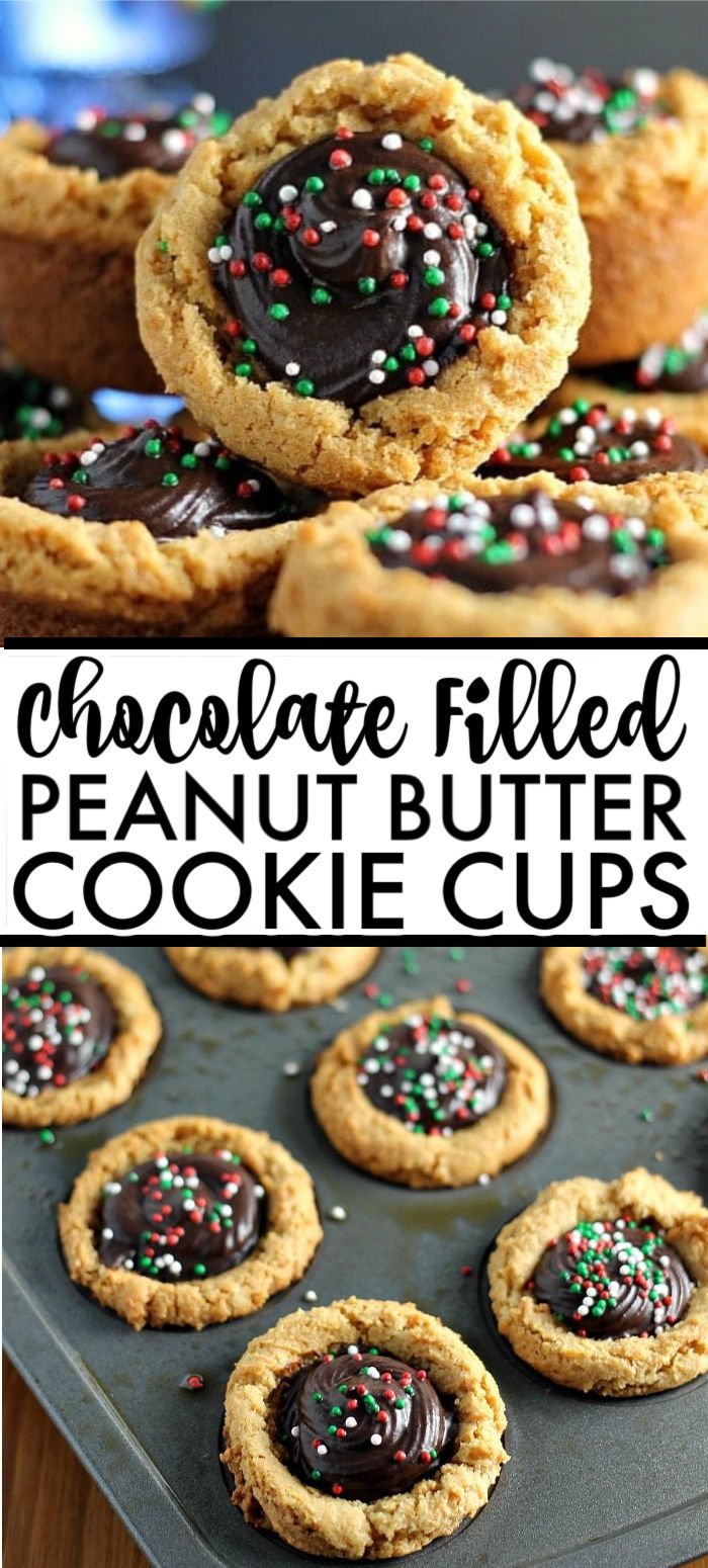 These semi-homemade Peanut Butter Cookie Cups filled with creamy chocolate ganache and topped with sprinkles are a definite crowd pleaser and are perfect as a last minute holiday dessert addition. Take a shortcut with a cookie mix and then make an easy chocolate ganache from scratch. | www.persnicketyplates.com #christmascookies #peanutbutter #chocolate #ganache #easyrecipe #semihomade #baking #dessert #cookies