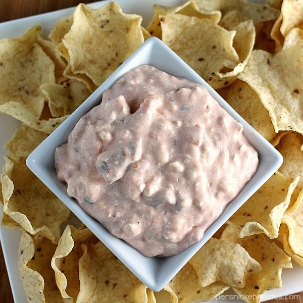 close up of creamy salsa dip in bowl with tortilla chips