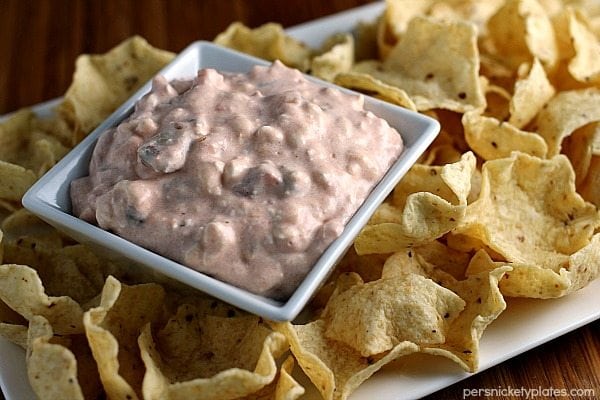 platter of tortilla chips with two ingredient creamy salsa dip in center