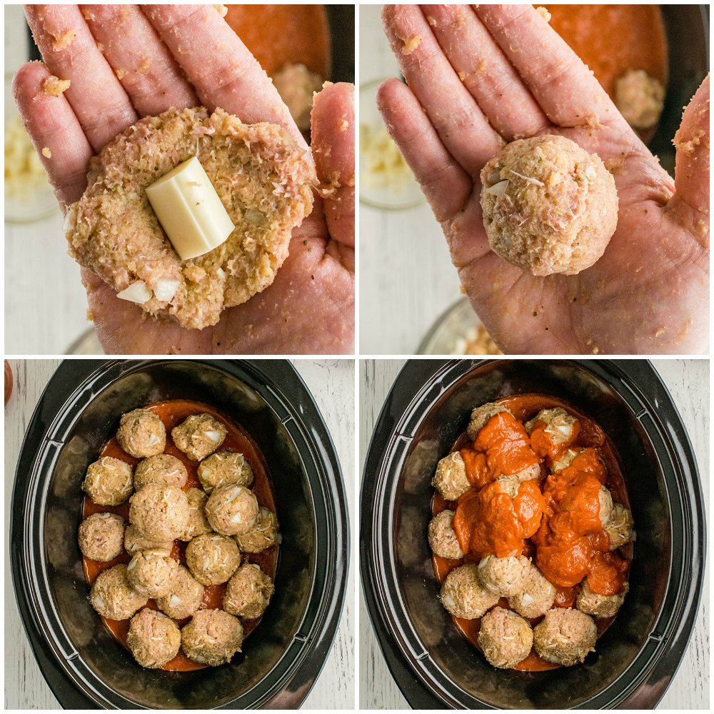process shots of a hand stuffing cheese into a turkey meatball