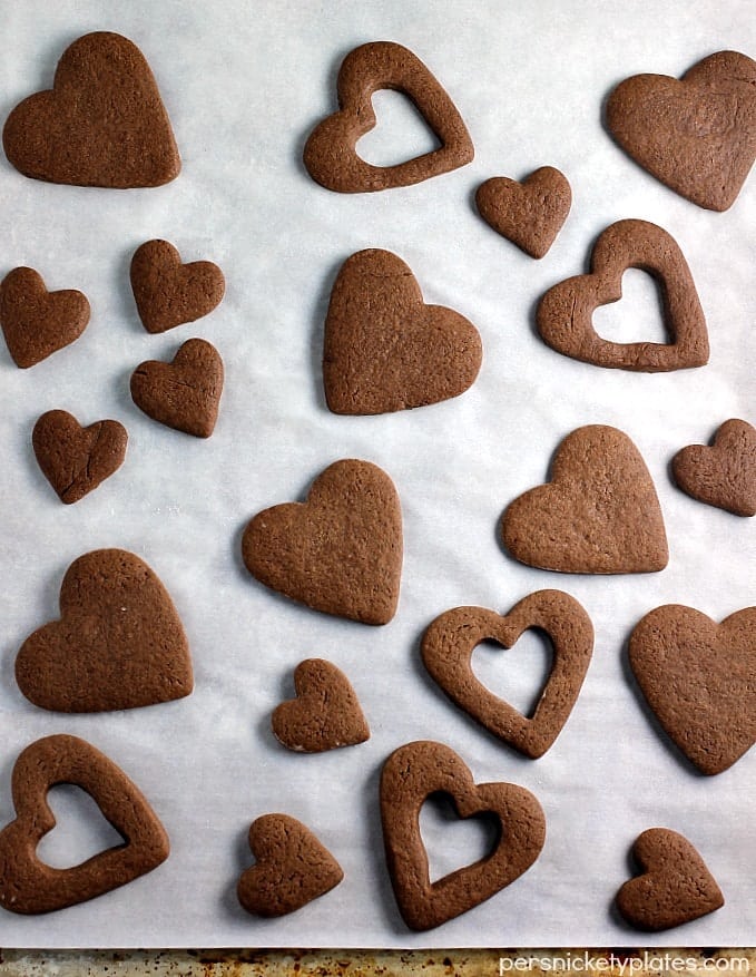 chocolate heart cookies on parchment paper