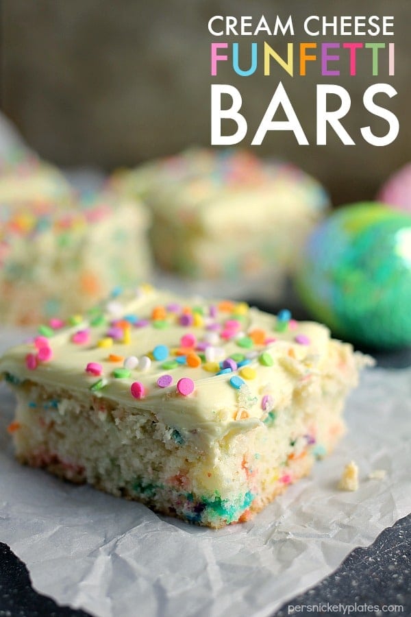 Cream Cheese Funfetti Bars are simple, semi-homemade treats that are perfect to kick off spring baking. Start with a box funfetti cake mix and add cream cheese to make these fun and delicious bars! | www.persnicketyplates.com