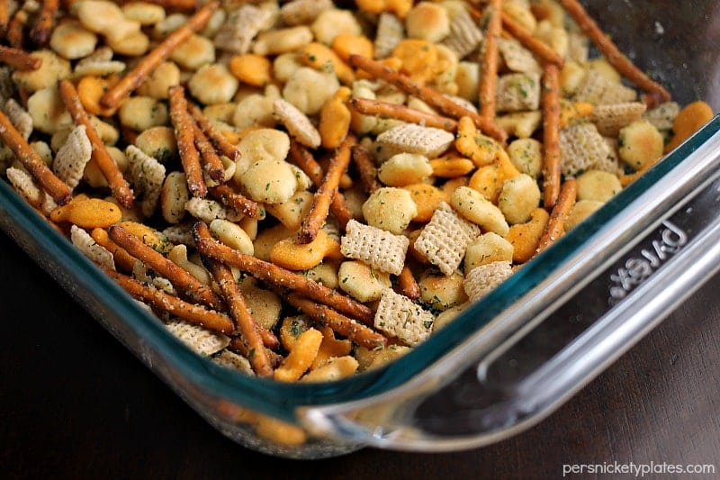 mixed crackers in a 9x13 pyrex baking dish