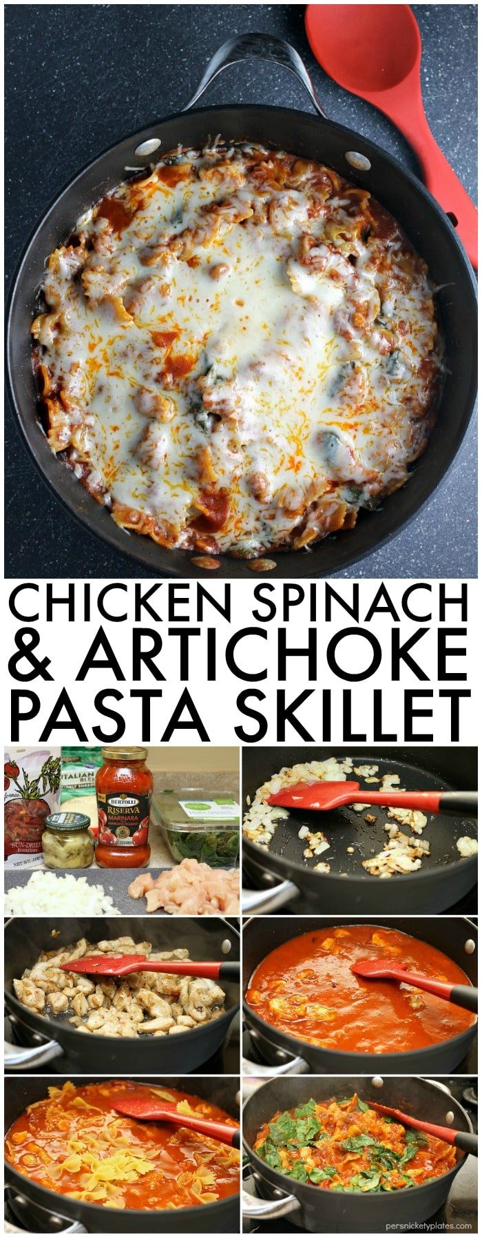 Chicken Spinach & Artichoke Pasta Skillet - a full meal loaded with spring flavors made all in the same skillet! | Persnickety Plates AD