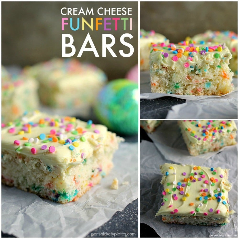 Cream Cheese Funfetti Bars are simple, semi-homemade treats that are perfect to kick off spring baking. Start with a box funfetti cake mix and add cream cheese to make these fun and delicious bars! | www.persnicketyplates.com