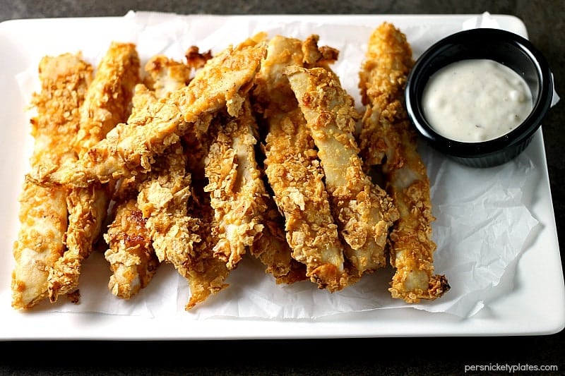 Gluten free Crispy Baked BBQ Chicken Strips with dipping sauce