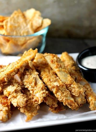 Gluten free Crispy Baked BBQ Chicken Strips made with Vans® Multi-Grain BBQ Chips can be whipped up in about 30 minutes so they're perfect for a weekday dinner! | Persnickety Plates
