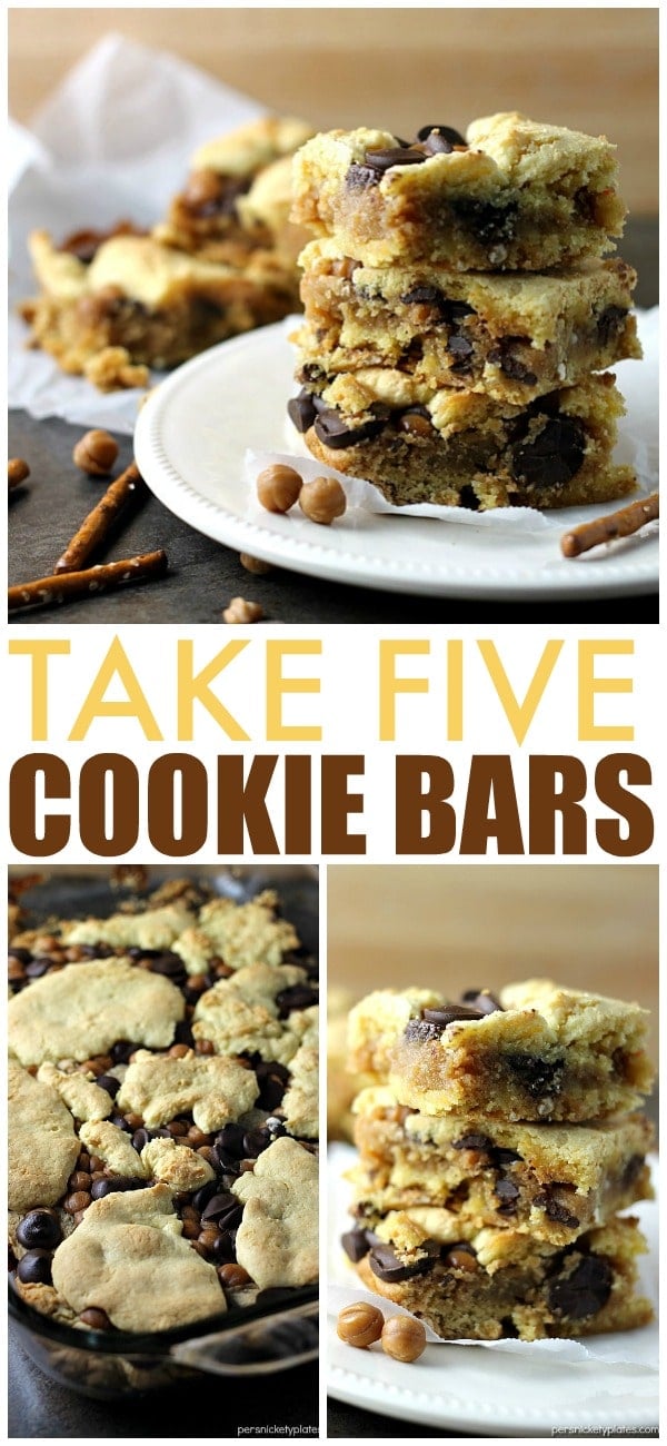 Take 5 Bars are my favorite lately and these cake mix cookie bars have all the Take Five flavors - pretzel, caramel, peanut butter, and chocolate! | Persnickety Plates