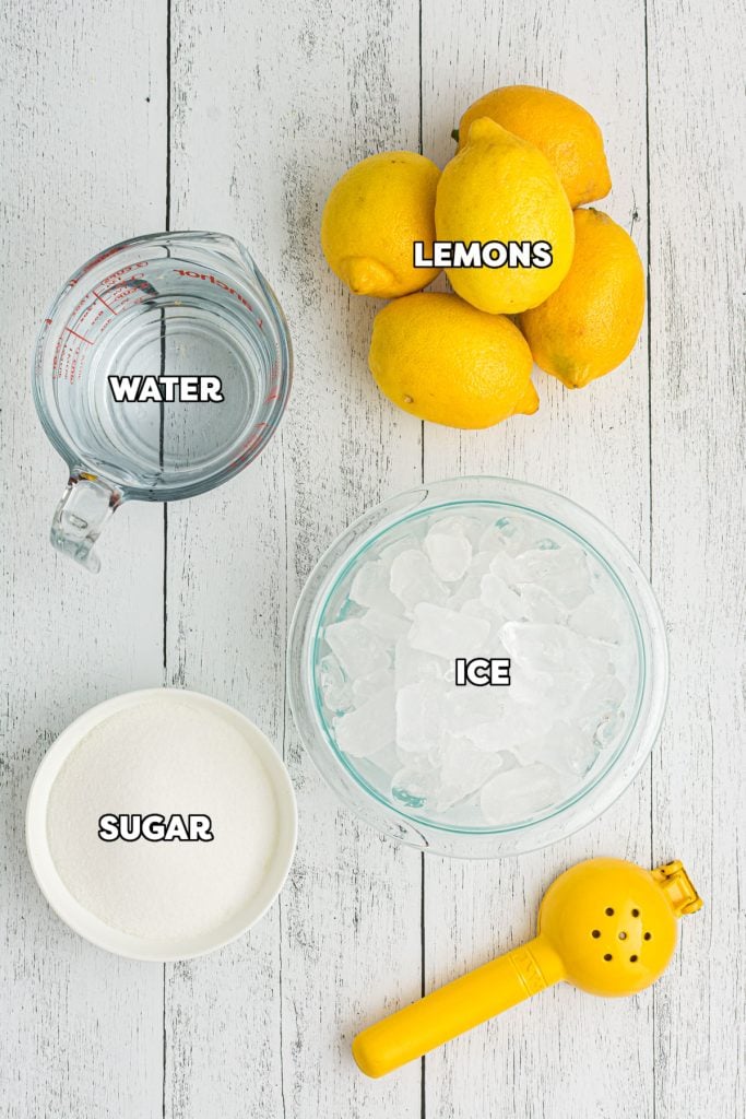overhead shot of ingredients laid out to make lemonade.