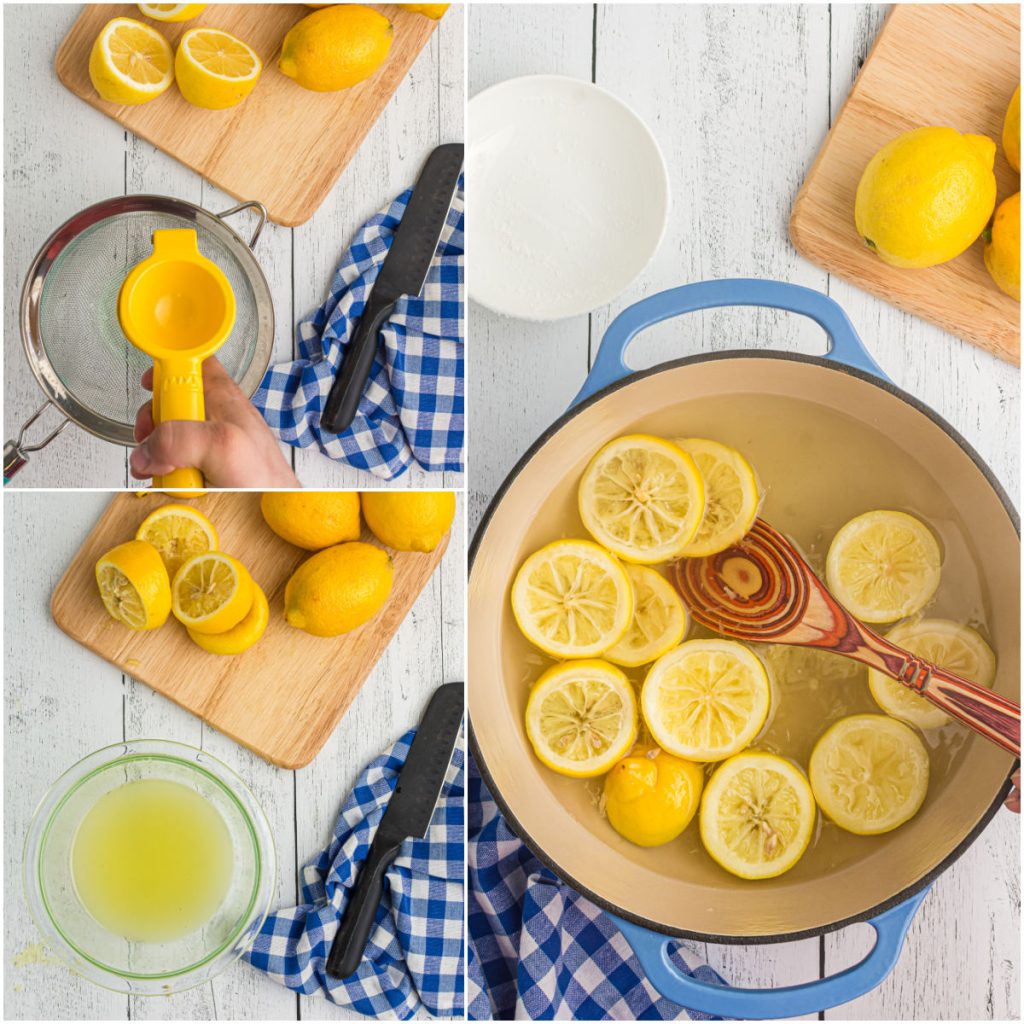 collage of 3 photos showing the process of squeezing lemons for fresh lemonade.