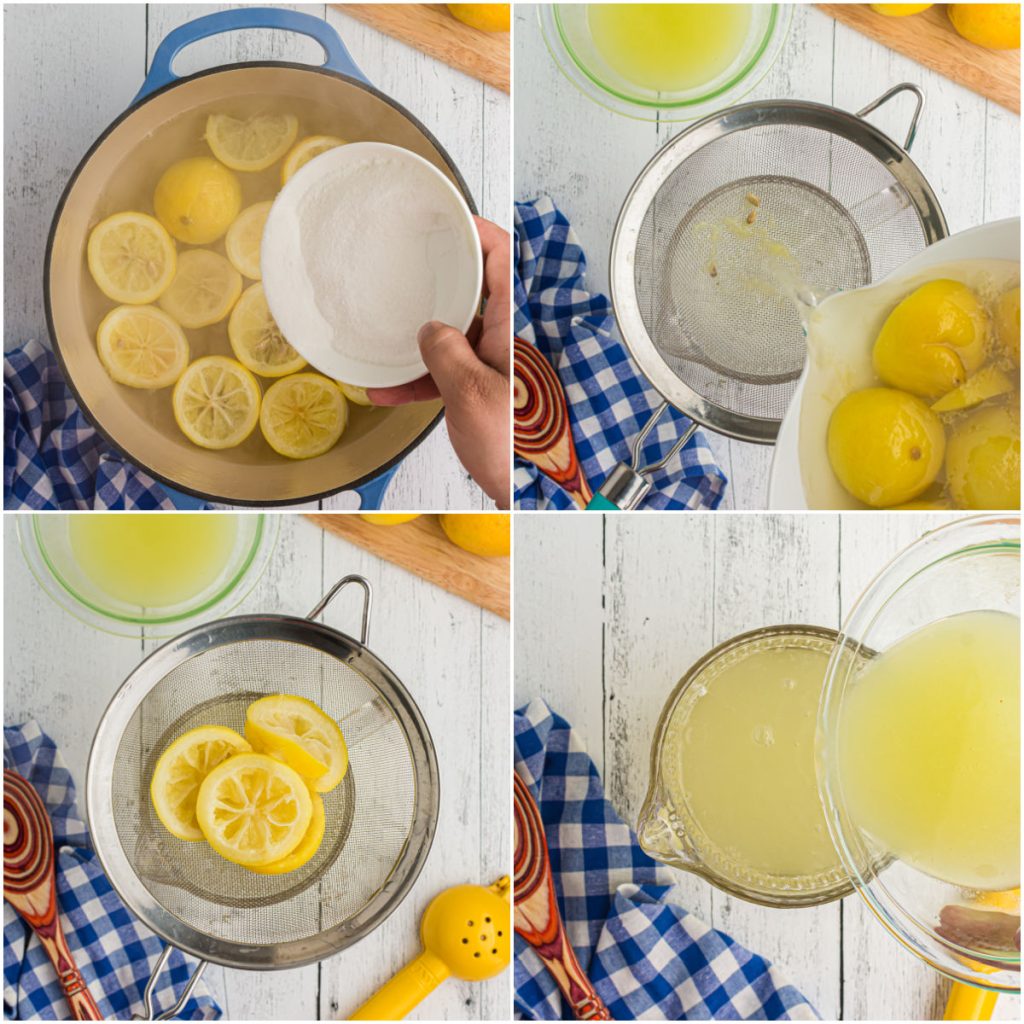 collage of 4 photos showing the process of making homemade lemonade.